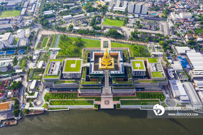 Sappaya-Sapasathan (The Parliament of Thailand), Government office, Aerial top view National Assembly with golden pagoda on the chao phraya river in Bangkok