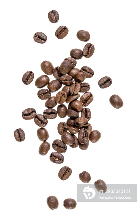 Coffee beans isolated on white background. Top view. Flat lay. Coffee beans flow in air, without shadow.