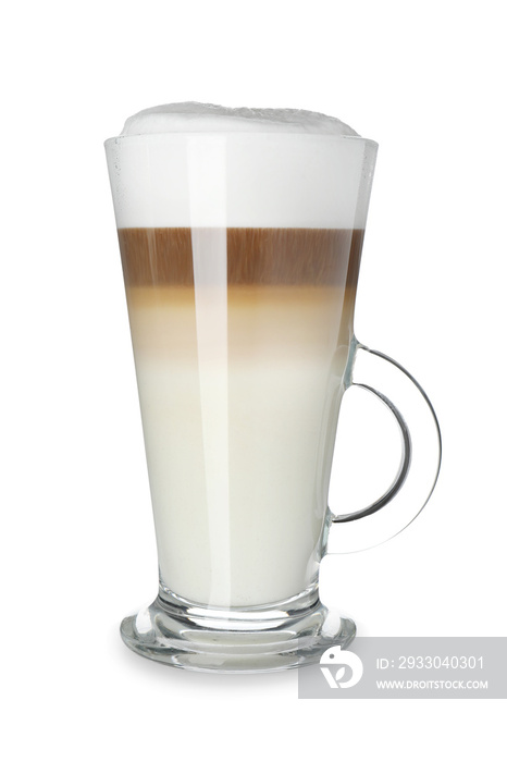 Glass cup of tasty aromatic latte on white background