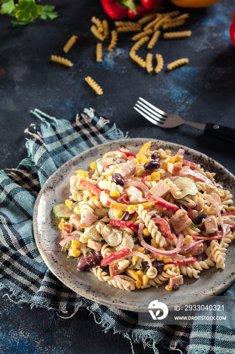 Fusilli pasta salad with smoked turkey