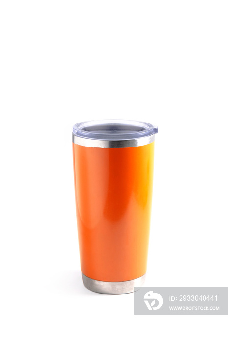 Stainless steel tumbler for cold and hot water storage  on white background.
