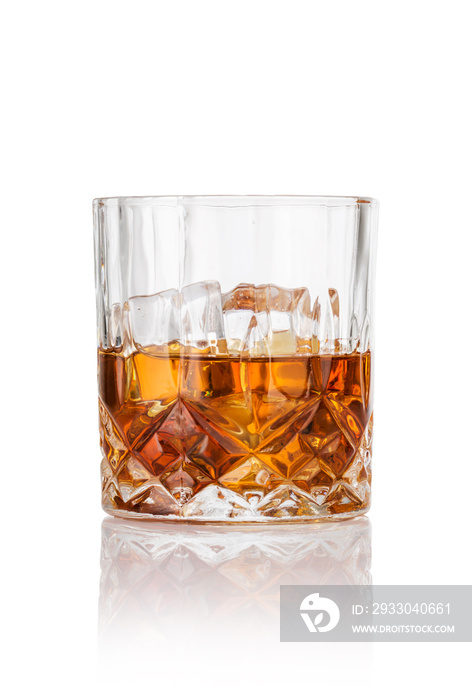 Glass of scotch whiskey on white background