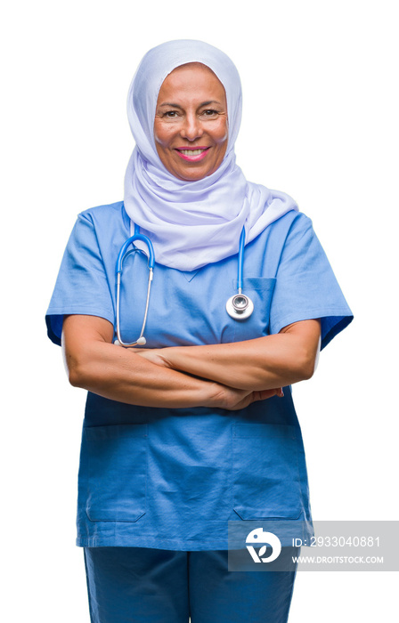 Middle age senior arab nurse woman wearing hijab over isolated background happy face smiling with crossed arms looking at the camera. Positive person.