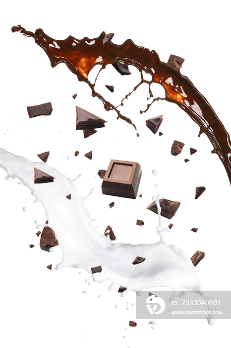 Falling pieces of tasty chocolate, splashes of milk and cacao isolated on white