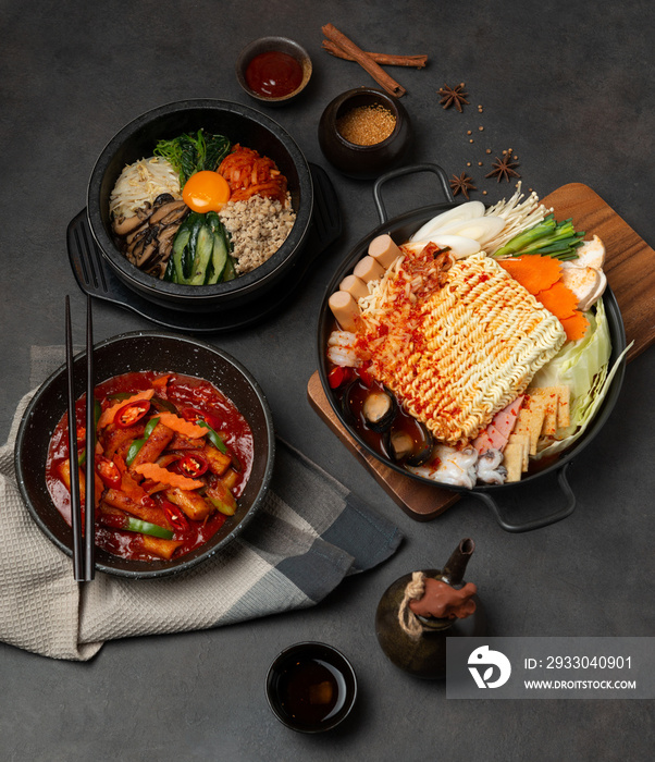 Assorted Korea food set ,Grey background,Top view.