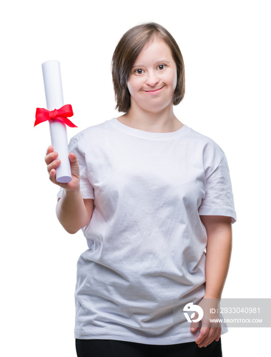 Young adult woman with down syndrome holding degree over isolated background with a happy face standing and smiling with a confident smile showing teeth