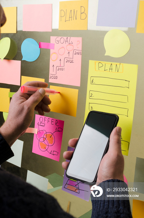 Vertical image.Businessman holding smartphone and making notes on the sticky papers, mind map.Concept of planning and doing startup