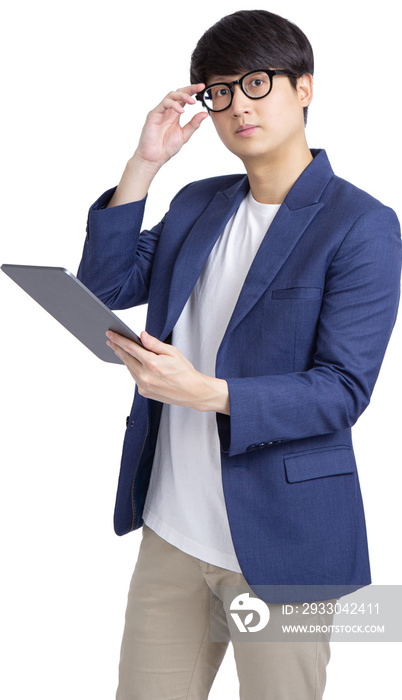 Confident Asian man working on tablet