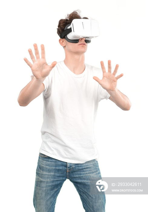 Young guy using a virtual glasses