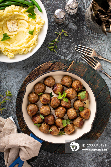 Swedish meatballs cooked in a cast iron pan