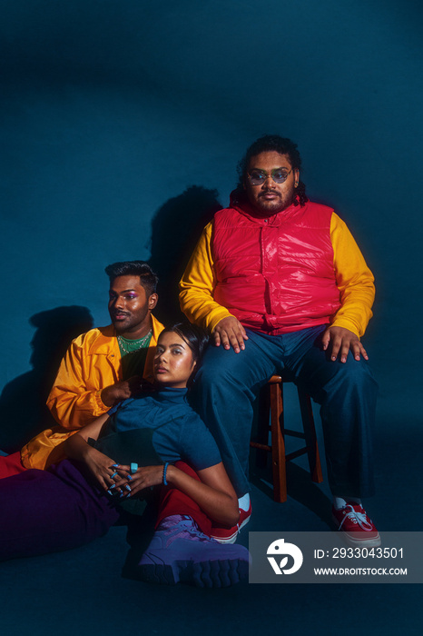 Trio fashion colour blocked studio portrait