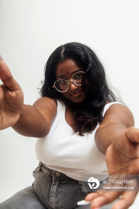 South Asian female solo lifestyle studio portrait shot