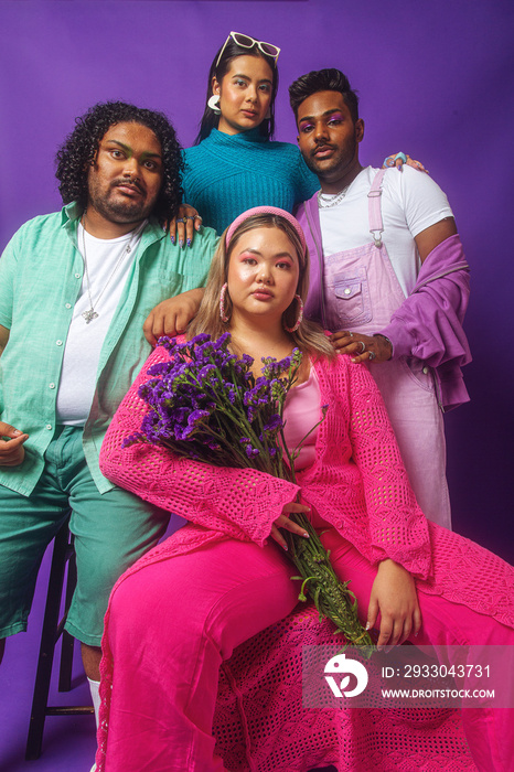 Asian Group fashion colour-blocked studio portrait