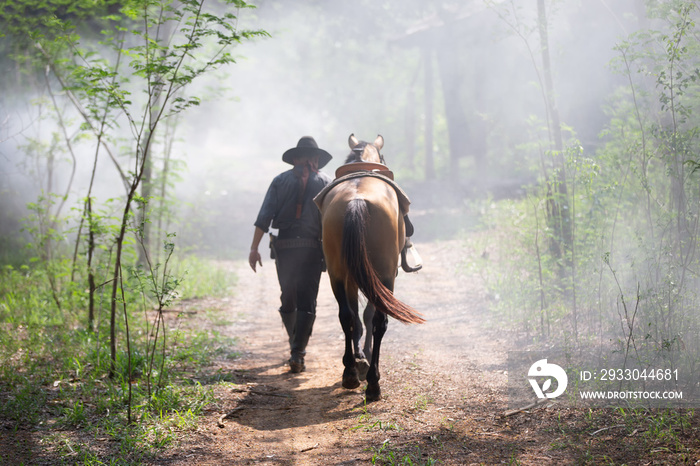 The silhouette of  rider as cowboy outfit costume with a horses and a gun held in the hand against smoke and sunset background