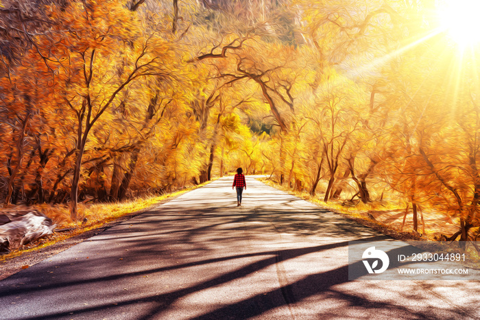 Dreamy Psychedelic Scene of Girl walking alone a road surrounded by Orange Trees during Sunny Day. Taken in Zion National Park, Utah, United States of America.