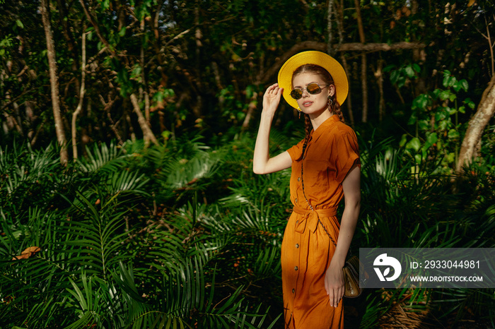 Woman tourist travel green leaves exotic island