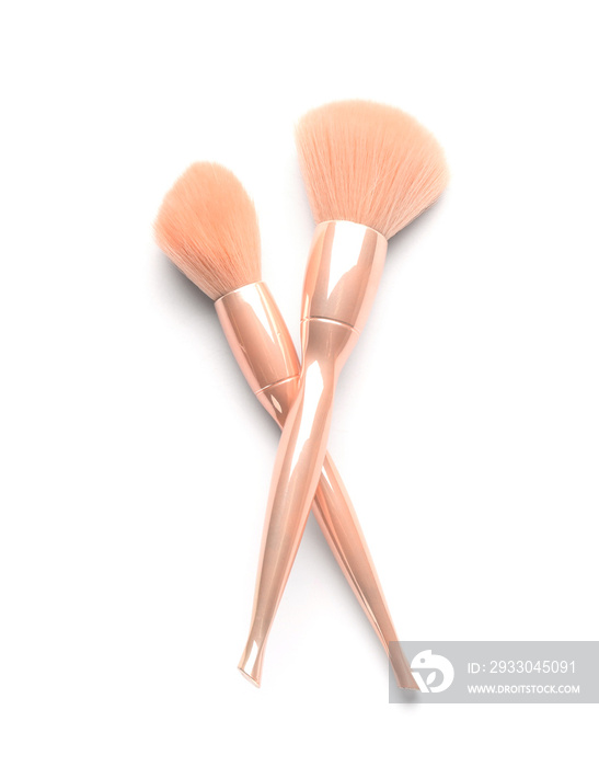 Set of makeup brushes isolated on white, top view