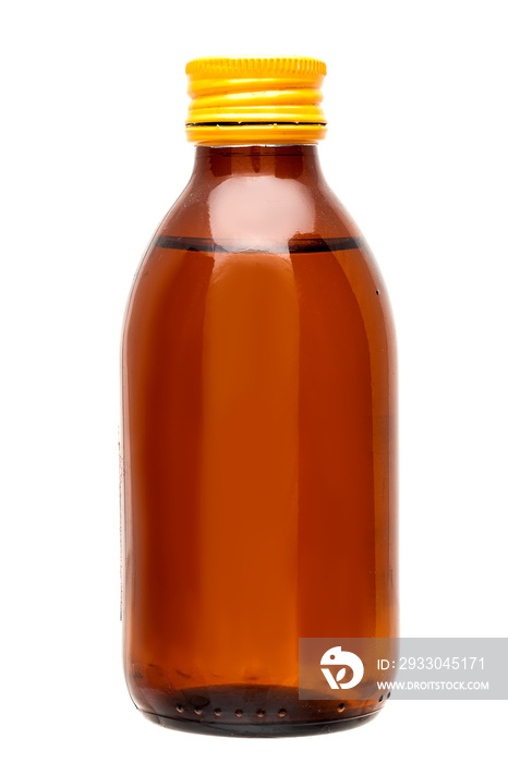 cough syrup medical brown glass bottle with yellow cap isolated on a white background.