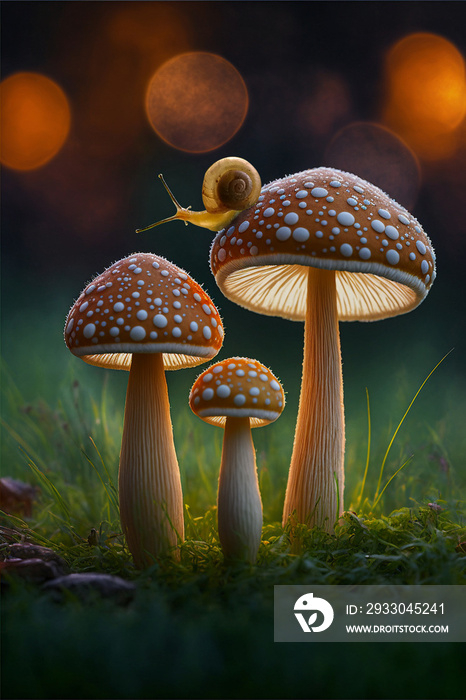 little and cute snail on the mushroom