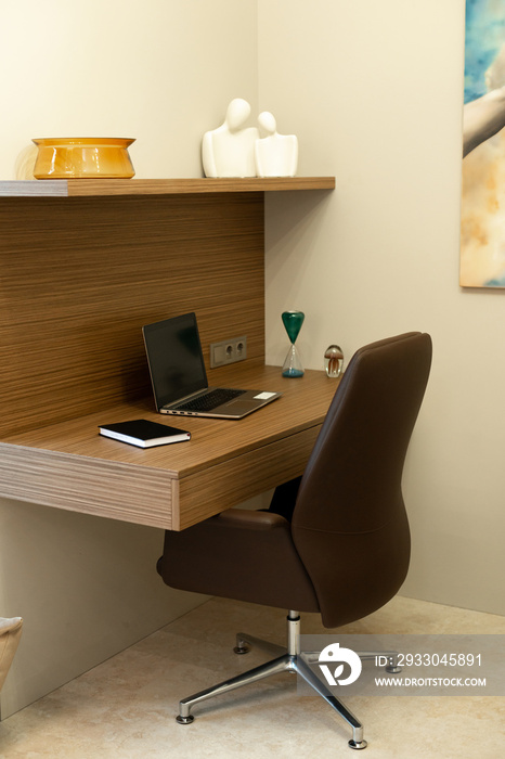 Modern home office interior in a minimalist style. Soft selective focus, art noise