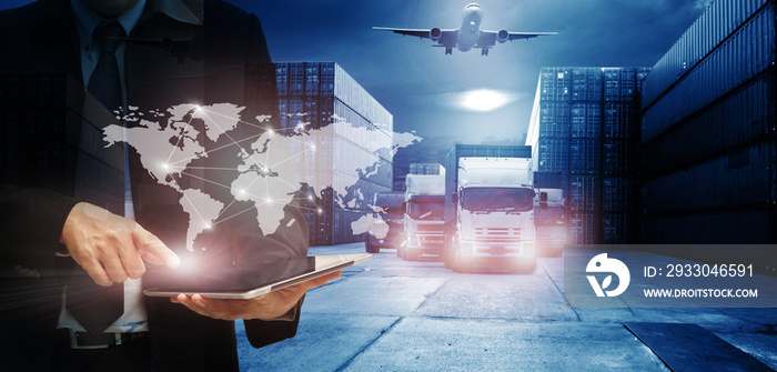 Double exposure of man with world map for logistic network distribution on background and Logistics Industrial Container Cargo freight ship for shipping and Transportation, import-export