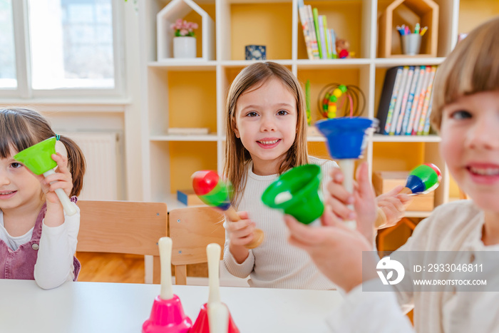 Kindergarten Children Learning Music Using Various Colorful  Instruments. Learning Music for Kids using Colors. Montessori Music Activities for Preschoolers.