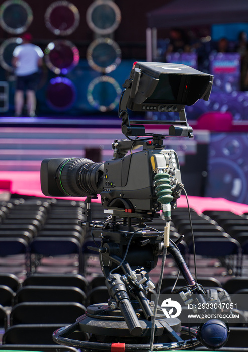 Professional video camera is ready to shoot the concert.