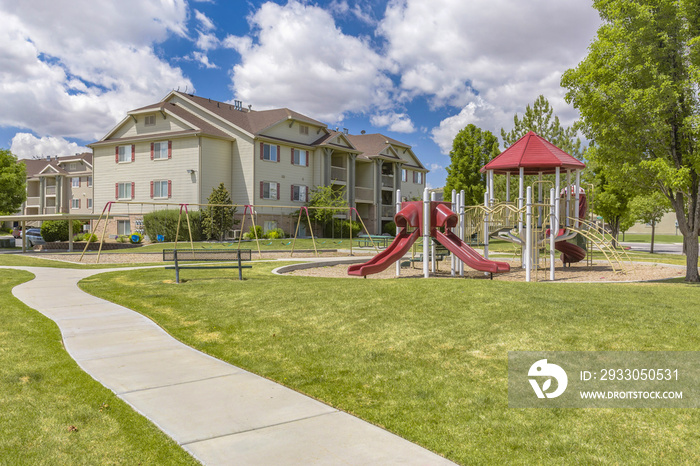 Swings and jungle gym in apartment complex