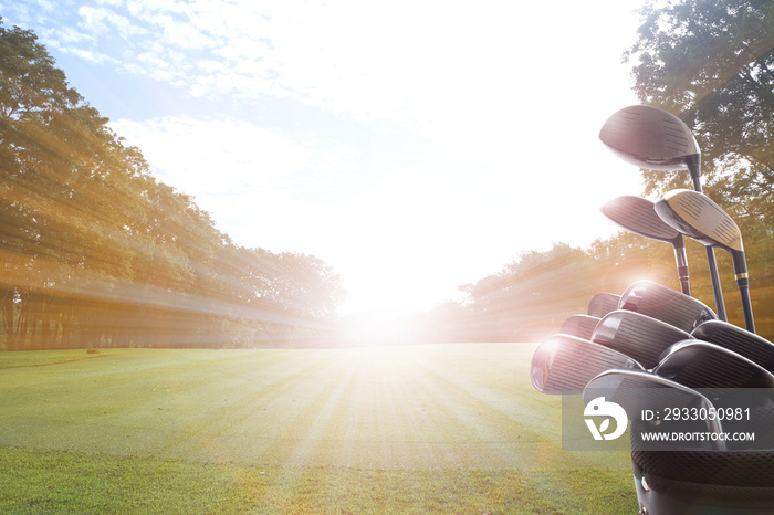 Golf clubs drivers over beautiful golf course at the sunset, sunrise time.