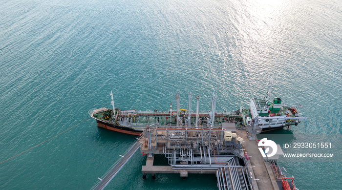 Aerial view industrial crude oil and fuel tanker ship at deep ocean sea port, Tanker ship vessel at terminal port, Business import export oil and gas petrochemical by tanker ship transportation oil.