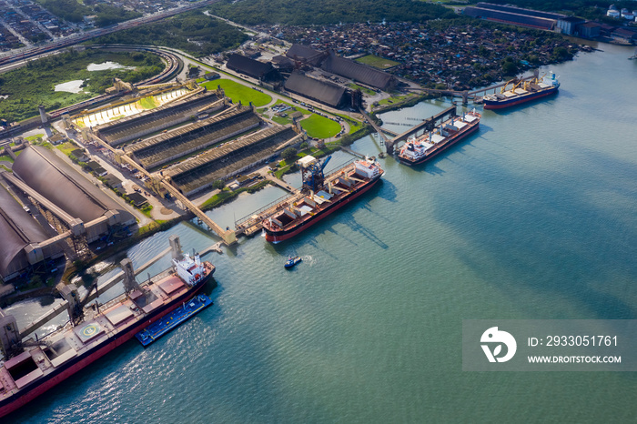 ships loading at the port of Santos in Sao Paulo, Brazil, seen from above