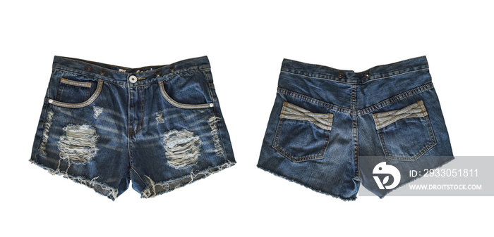 Denim shorts for female isolated on white background, with clipping path. front and back view