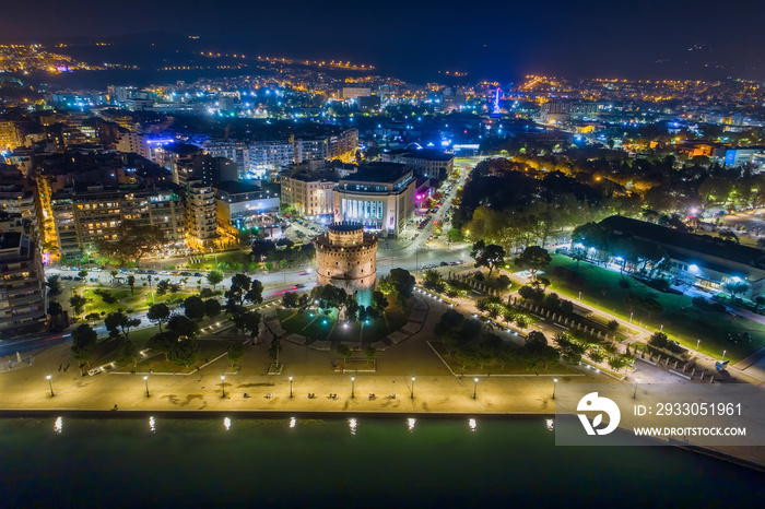 White Tower square the night, in Thessaloniki, Greece