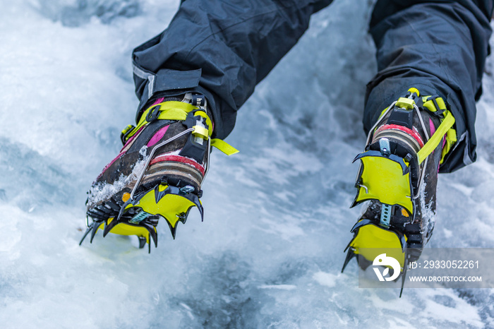 Closeup of Hiking Boots with Mounted Crampons used for Ice Climbing