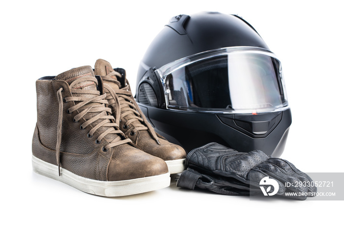 Safety motorcycle accessories. Leather gloves, helmet and shoes isolated on white background.