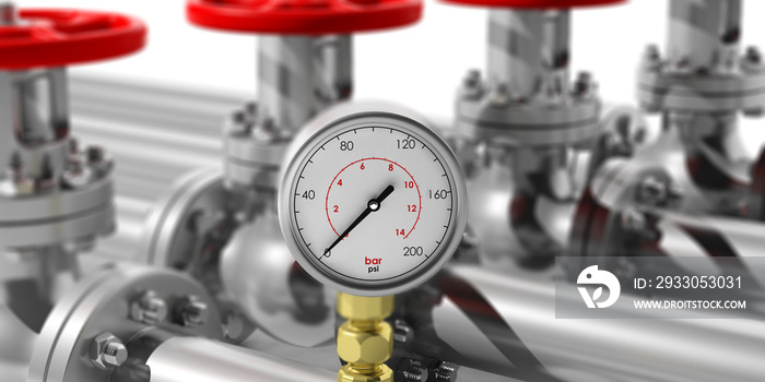 Industrial manometer on blur pipelines and valves background. 3d illustration