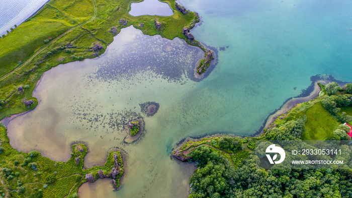 Aerial View of Mývatn Lake in Iceland on a sunny polar night