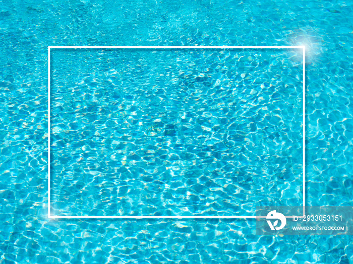 A minimalist white thin line makes a decorated square frame on blue water surface movement on the swimming pool background. Empty blank space border frame for summer, vacation time, holiday concept.