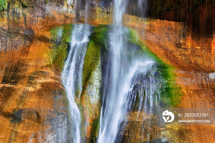 Lower Calf Creek Falls Waterfall colorful views from the hiking trail Grand Staircase Escalante National Monument between Boulder and Escalante in Southern Utah. United States.