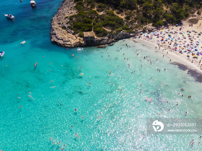 Luftaufnahme, Bucht cala Mondragó und Playa Mondragó, , Gemeinde Santanyi,  , Region von Porto Petro, Mallorca, Balearen, Spanien