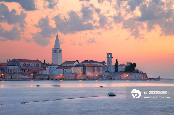 Porec, Croatia. Cityscape image of Porec, Croatia with the Euphrasian Basilica located on Istrian Peninsula at summer sunset.