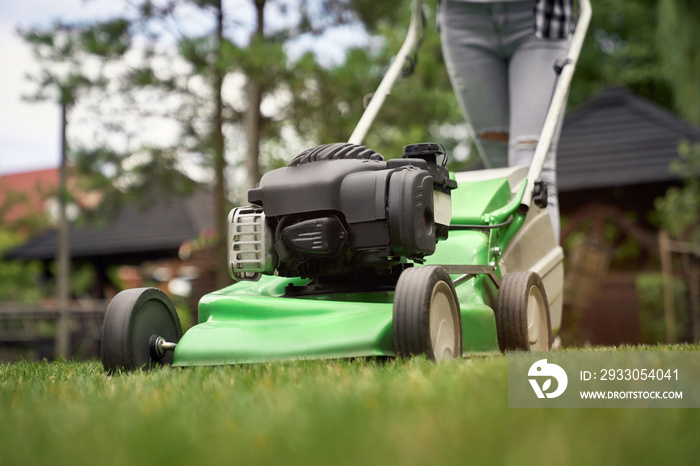 Female legs of woman using lawn mower.