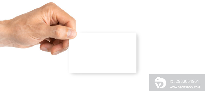 Card isolated. Hand holding blank business paper card isolated on white background. Empty credit template in person arm.