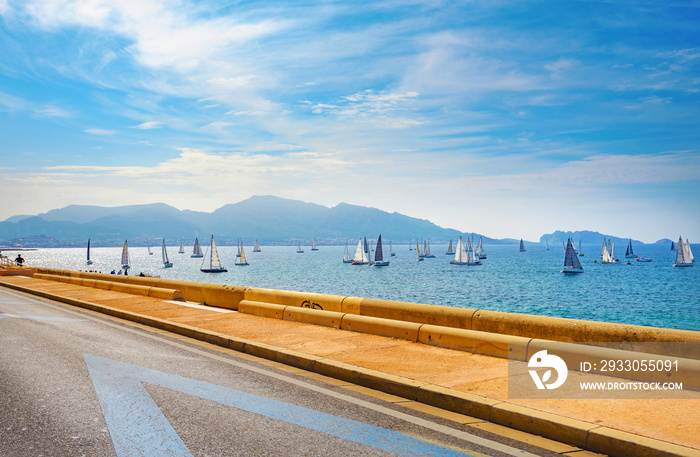 Coastal road along sea on La Corniche Kennedy seafront. Marseille, France