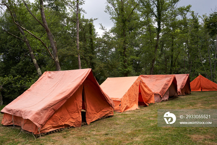 Side view of a group of orange tents by the river at a children’s summer camp. Many tents in a wild area in the forest.