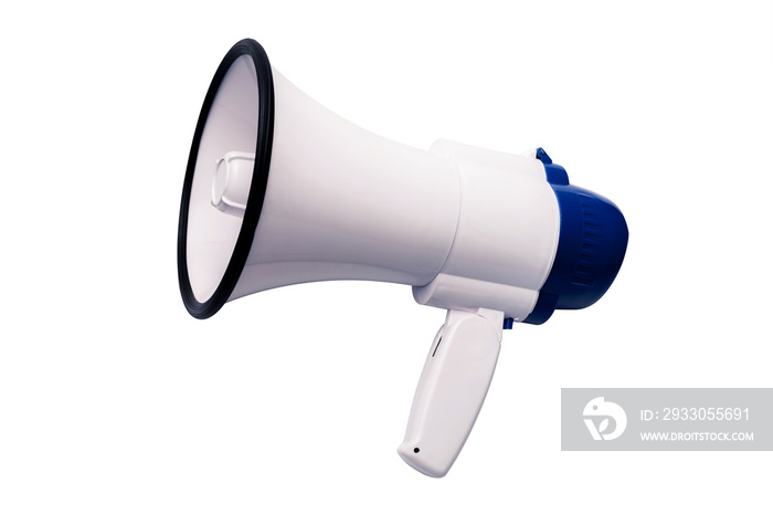 Blue white bullhorn public address megaphone on white background.