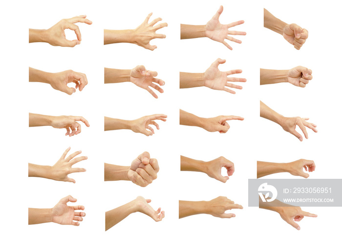 multiple hand with gestures of asian man for symbol to show out isolated on white background