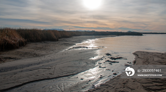 Santa Clara river estuary with lowering water level at the river mouth in Ventura California United States