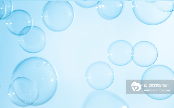 Transparent Blue Soap Bubbles Background. Soap Suds Bubbles Water