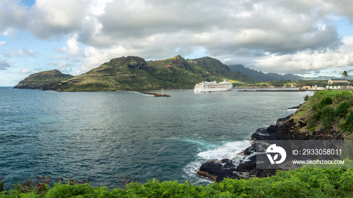 A cruise ship entering Nawiliwili Harbor, Lihue, Kauai
